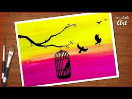 How To Draw Birds Want Freedom Birds In Cage Drawing Poster Colours Easy Painting Youtube Poster Color Painting Bird Drawings Shadow Painting