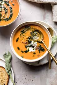 Golden Sweet Potato Soup With Burrata And Sage Pesto Half Baked Harvest Recipe Sweet Potato Soup Food Recipes