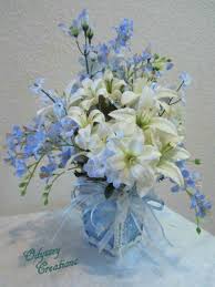 Floral Arrangement In Baby Blue With White Lilies And Etsy Artificial Floral Arrangements Blue Flower Arrangements Fresh Flowers Arrangements