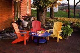 Amish Poly Wood Patio Set 38 Round Conversation Table And Four Adirondack Chairs Posted Via Buydirectus Outdoor Wood Furniture Outdoor Poly Adirondack Chairs