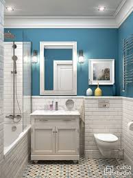 Badezimmer Blaue Wandfarbe Weisse Fliese Badewanne Eingebaute Regale Rekonstrukciya Dushevoj Nebolshie Vannye Komnaty Oboi Dlya Vannoj