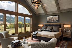 Mountain Modern Warm Grey Bedroom With Huge Windows Modern Bedroom Chandelier High Platform Bed Wit Barn Style House Modern Master Bedroom Luxurious Bedrooms