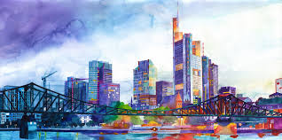 Watercolor Of The Frankfurt Skyline Watercolor Architecture Cityscape Urban Landscape