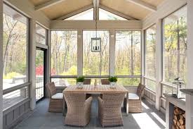Liz Caan Interiors Enclosed Patio With Wood Plank Vaulted Ceiling And Modern Lanterns Hangs Over Teak Patio Ceiling Ideas Patio Design Porch Design