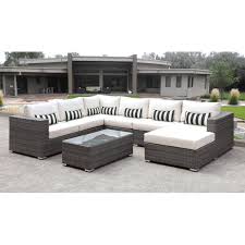 Outdoor Solis Lusso Wicker 7 Piece Modular Patio Conversation Set Dark Gray Striped Rattan Outdoor Furniture White Cushions Patio Cushions