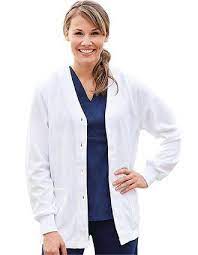 A Simple White Cardigan Jacket That Gives Warm And Comfortable Feeling While You Re Wearing It Scrubs Nursing Uniforms Lab Jackets Scrub Jackets