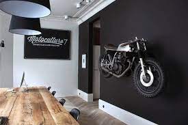 Motorcycle Wall Mount Matte Black Painted Wall Wood Table House Design Man Cave Decor Black Painted Walls