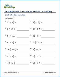 Grade 5 Fractions Worksheet Adding Mixed Numbers Unlike Denominators Fractions Worksheets Adding Mixed Number Adding Mixed Fractions