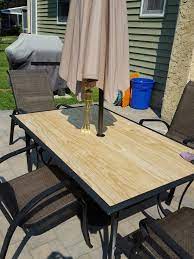 Replaced Our Broken Glass Top With Pine Planks Could Also Use Cedar Store Was Out Just Needs Stain Patio Table Top Patio Table Redo Wooden Patio Furniture