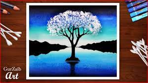 Cotton Bud Trick With Oil Pastel For Beginner Tree Drawing With Blue L Tree Drawing Oil Pastel Oil Pastel Drawings