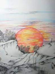 Original Art Colored Pencil Ink Sunset Landscape Drawing Matted Framed Landscape Drawings Art Cool Drawings