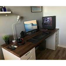 Ikea Karlby Countertop In Walnut Color Resting On Two Ikea Alex Drawer Units Pc Builds And Setups Pc Diy Computer Desk Home Office Setup Modern Computer Desk
