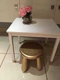 Ikea Mammut Stool Painted With Gold Spray Paint And Ikea Kritter Table With Gold Tipped Legs A Ver Kids Table And Chairs Ikea Hack Kids Table Kids Wooden Desk