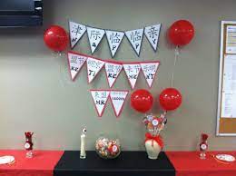 Sign We Will Miss You Good Luck We Love You Simple Decor Black And Red Table Coverings And Red Balloons Party Table Decorations Simple Decor Red Table