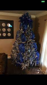 Silver Christmas Tree With Royal Blue Mesh And Decorations Using Blue Lights Blue Christmas Tree Decorations Silver Christmas Decorations Blue Christmas Decor