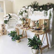 Beautiful Boho Inspired Green And White Baby Shower Decor And Table Set Up Rustic Baby Shower Baby Shower Decorations White Baby Showers