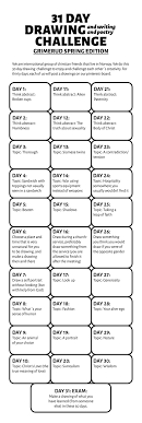 31 Day Drawing Challenge Grimerud Spring Edition Our List Of 30 Topic And Final Exam Drawing Challenge Drawing Ideas List Drawing Topics