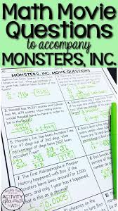 Math Movie Questions To Accompany The Movie Monsters Inc This Makes A Great End Of The Year Activity Substit Math Movie Questions Math Movies Secondary Math