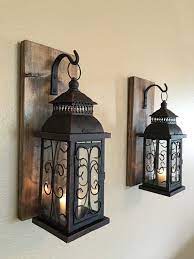 Lantern Pair Wall Decor Wall Sconces Bathroom Decor Housewarming Gift Wrought Iron Hook Rustic Wood Boards Be Lanterns Decor Rustic Wall Decor Home Decor