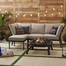 Mainstays Greyson Square 4 Piece Outdoor Patio Sectional Tan Cushions And Patio Cover Walmart Com Sectional Patio Furniture Small Patio Furniture Metal Patio Furniture