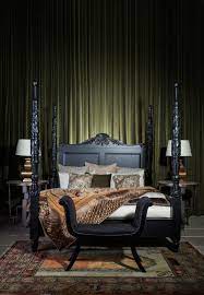 Bedroom Burlesque Oversized Black Wooden Bed On The Green Velvet Curtains Background Brings Drama T Bedroom Inspirations Bedroom Decor Design Bedroom Themes