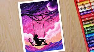 Oil Pastel Drawing For Beginners Scenery Drawing Of Fairy On Swing Oil Pastel Drawings Fairy Drawings Oil Pastel