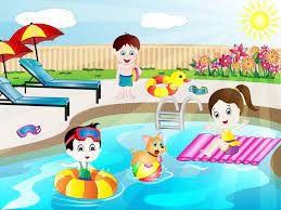 Summer Swimming Pool Fun Vector Illustration With Cute Cartoon Kids A Puppy An Ad Fun Vector Illustration Pool Drawing Kids Swimming Cartoon Kids
