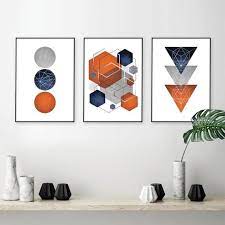Orange Navy Blue Grey And Silver Printable Art Geometric Abstract Set Of 3 Downloadable Trio Of Matching Wall Decor Bright Orange And Indigo Decor Orange Decor Grey And Gold Bedroom