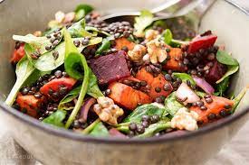 Beluga Lentil Salad With Roasted Sweet Potato And Beet Elle Republic Recipe Roasted Sweet Potatoes Whole Food Recipes Healthy Cooking