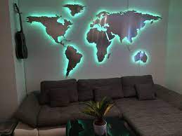 Weltkarte Mit Rgb Led Beleuchtung Aluminium Wanddeko Weltkarte Wandgestaltung