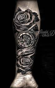 Color:skull, rose, clock, god's eye. Roses And Clocks Banners Personalized Forearm Tattoo Rose Tattoos Rose Tattoos For Men Rose Tattoo Sleeve