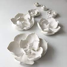 White Magnolia Porcelain Flower Wall Art Set Of 7 Ceramic Flowers Wall Flower Artworks White Wall Sculpture Ceramic Wall Sculpture Porcelain Wall Flower Flower Wall Art Ceramic Flowers