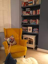 Yellow Ikea Strandmon Chair Against Little Greene Juniper Ash And Pale Wedgewood Paint Cosy Reading Corne Living Room Chairs Yellow Living Room House Interior