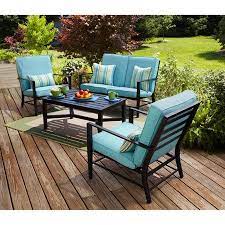 Mainstays Rockview 4 Piece Patio Conversation Set Seats 4 With Blue Cushions Walmart Com In 2020 Conversation Set Patio Patio Furniture Cushions Patio Furniture Sets
