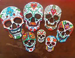 Day Of The Dead Inspired Wooden Hanging Skull Decoration Completely Hand Painted Each Skull Is Complet Sugar Skull Painting Sugar Skull Artwork Skull Painting