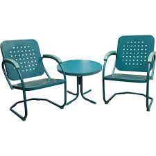 Hanover Retro3pc 3 Piece Old Fashioned Steel Outdoor Chairs With Matching Table Caribbean Blue In Color E Outdoor Chair Set Metal Patio Chairs Retro Armchair
