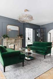 Transitional Living Room Mid Dark Grey Walls Wall Panels Antique Gold Framed Mirror On Mantel Velvet D Green Interior Design Living Decor Living Room Paint