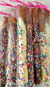 Princess Party Chocolate Covered Pretzel Rods Decorated With Colorful Sprinkles Indi Chocolate Covered Pretzel Rods Chocolate Covered Pretzels Sprinkle Party