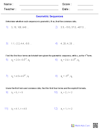 Geometric Sequences Worksheets Arithmetic Sequences Geometric Sequences Algebra 2 Worksheets