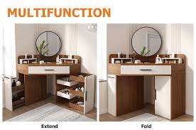 Corner Makeup Vanity With Drawer Side Cabinet Multifunctional Dressing Table Mirror Included Small Room Design Bedroom Furniture Design Home Room Design