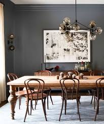 Vintage Dining Table With Bent Wood Chairs And Dark Grey Walls Grey Dining Room Dining Room Design Rustic Dining Room
