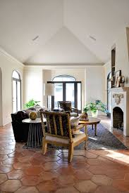 Living Room With Vaulted Ceilings And Hexagon Terracotta Floors Montgomery Flip Living Living Room Tiles Spanish Living Room Living Room Design Inspiration