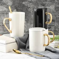 Amazon Best Sale Blank Sublimation Gold Ceramic Mug With Spoon Lid Mugs Coffee Mugs Couple Mugs