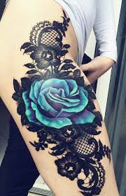 An Amazing Thigh Piece Blue Rose And Lace Thigh Tattoos Women Flower Thigh Tattoos Rose Tattoos For Women