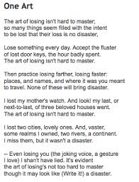 One Art Poems One Art Elizabeth Bishop First Art