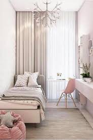 Heading Wall Of A Narrow Small Bedroom Dressed With Layered Drapery Sheercurtains Windowsheers Small Apartment Bedrooms Stylish Bedroom Small Room Bedroom