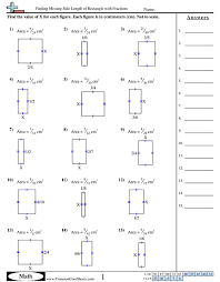 Area Perimeter Worksheets Finding Missing Side Length Of Rectangle With Fractions Workshee Area And Perimeter Area And Perimeter Worksheets Area Worksheets