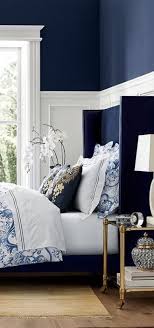 The Dark Navy Walls In This Fabulous Bedroom Really Reflect The Beauty Of The Gorgeous Bed Linen So Cr Blue Bedroom Decor Bedroom Interior Perfect Bedroom