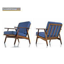 Restored Mid Century Modern Wood Frame Arm Chairs In Blue