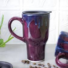 Eggplant Purple Ceramic Coffee Travel Mug With Handle And Black Lid Made To Order Mugs Coffee Travel Ceramics